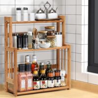 Étagère Extensible En Bambou Pour Micro-ondes - 2 Niveaux, Réglable En Hauteur, Avec Crochets Et Support Planche