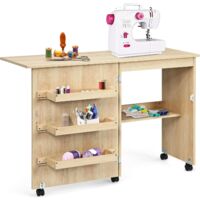 GOPLUS Table de Couture Pliante -3 Bacs+1 Etagère - Roulettes Verrouillables - Portes magnétiques - 118,5x40x79,5CM,Brun Clair