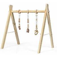 GOPLUS Portique d’Eveil Bebe Pliable en Bois, avec 3 Anneaux de Tirage de Jeu, Structure Triangulaire Stable, Arche d’Eveil pour Bebes Plus de 3 Mois, sans BPA, 60 x 44 x 60 CM (Naturel)
