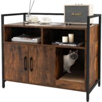 Goplus – Bac à litière pour chat en bois avec planche à gratter – Meuble de rangement en métal – 2 compartiments – Design élégant marron