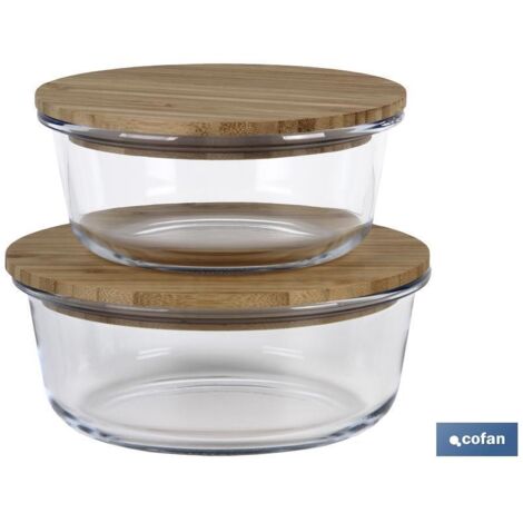 Set da 2 portapranzo rotondi di vetro borosilicato  Modello Bambù  Coperchio di bambù  Capacità: 620-950 ml