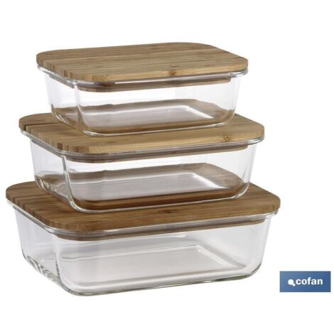 Set da 3 portapranzo rettangolari di vetro borosilicato  Modello Bambù  Coperchio di bambù  Capacità: 640-1040-1520 ml