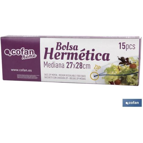 Sacchetti ermetici  Taglia media  Dimensioni: 27 x 28 cm  Confezione da 15 unità