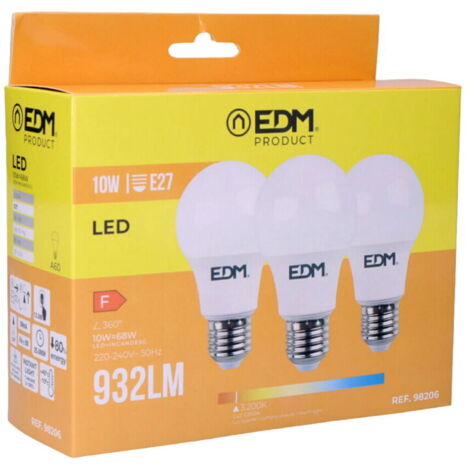 Kit da 3 Lampadine LED EDM Standard E27 10W 932lm 3200K Luce Calda Ø6x10,8cm (1/4)