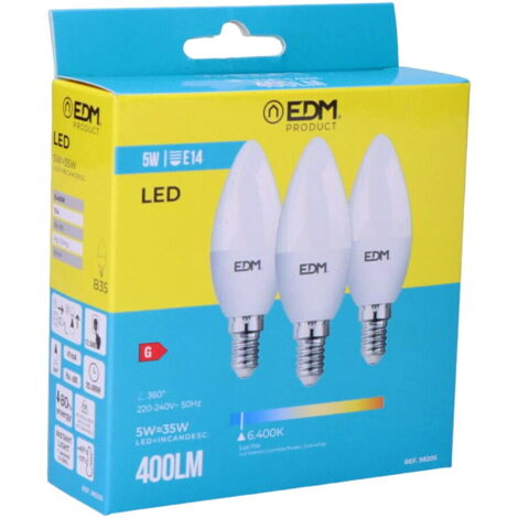 Kit di lampadine LED a candela E14 5W 400lm 6400K - Luce fredda - EDM - Rif. 98205 (1/5)