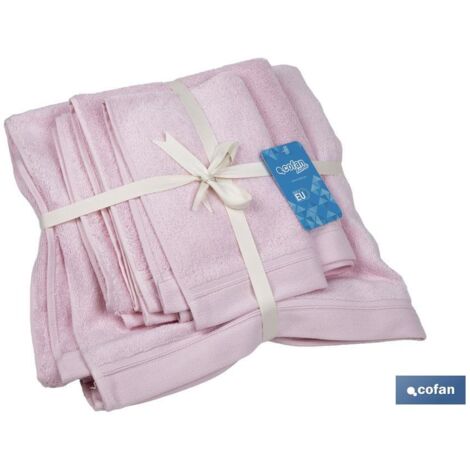 Set mit 3 Handtüchern der Serie „Flor“ 580/mg² in verschiedenen Größen aus 100 % rosa Baumwolle (1/4)