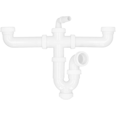 Doppelsiphon mit doppelter Evakuierung 1 1/2" Ø40mm mit ausziehbarem T-47L-Anschlussstück aus weißem PVC (1/5)