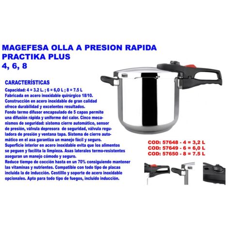 MAGEFESA ® Practika Plus olla a presión super rápida de 6 litros, fácil uso, acero inoxidable 18