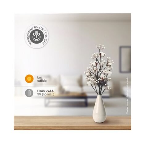 LED-Dekozweig aus Baumwollblumen und weißen Beeren, 0,55 m, warmes Licht