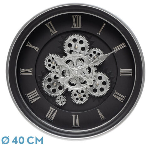 CHERCOS Wanduhr schwarz silber 40x40x7 cm mit Zahnrädern mit Uhrwerk