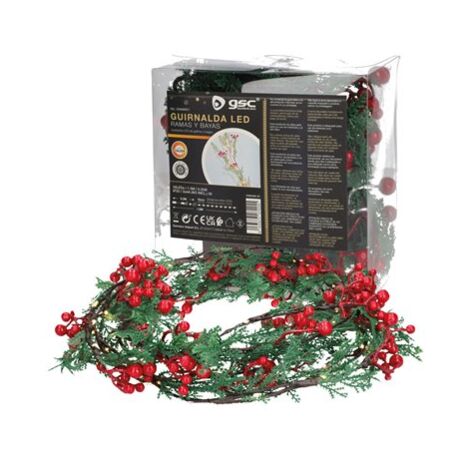 LED-Girlande aus Zweigen und roten Beeren, 1,5 m, warmes Licht