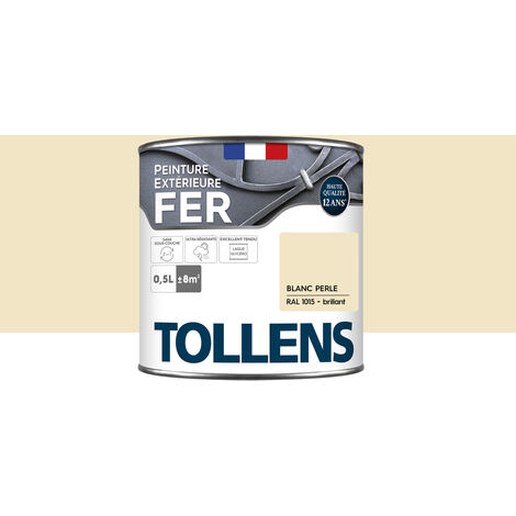 Peinture fer extérieure 2 en 1 - Ultra Résistante, séchage rapide et antirouille - TOLLENS - Brillant - Blanc Perle - 0,5L = 8m2
