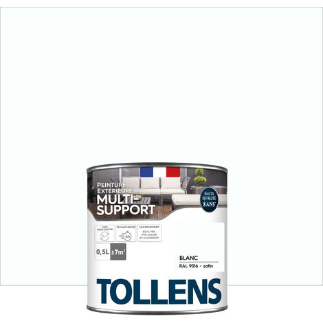 Tollens – Peinture extérieure multisupport satinée ultra résistante – Couleur blanche – 0,5L pour 7m² – Application directe sur tous supports