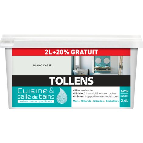 Tollens – Peinture anti humidité satin blanc cassé 2,4L – Ultra lessivable – Résistance à l'humidité – Séchage rapide 2h – Couverture 29 m²