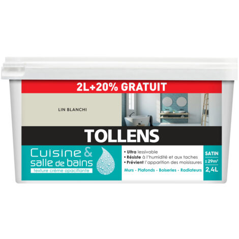 Tollens – Peinture anti humidité satinée 2,4L – Couleur lin blanchi – Résistante à l'humidité et à la condensation – Ultra lessivable