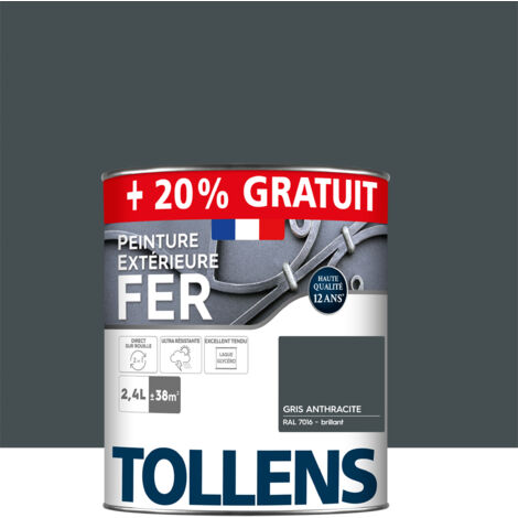 Tollens – Peinture fer extérieure ultra résistante – Séchage rapide – Antirouille – Brillant gris anthracite 2,4L – Couverture 38m²