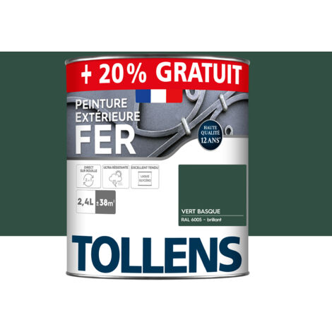 Tollens – Peinture fer extérieure ultra résistante 2 en 1 – Séchage rapide – Antirouille – Brillant – Vert Basque RAL 6005 – 2,4L pour 38m²