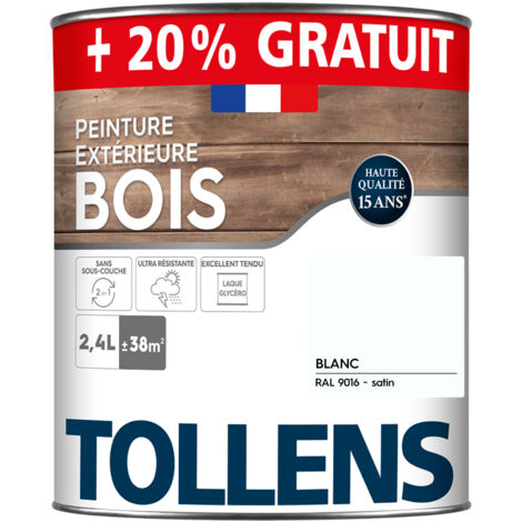 Tollens – Peinture bois extérieur satin blanc RAL 9016 2L – Ultra résistante pour boiseries extérieures – Rendement 38m² – Application directe sans sous-couche