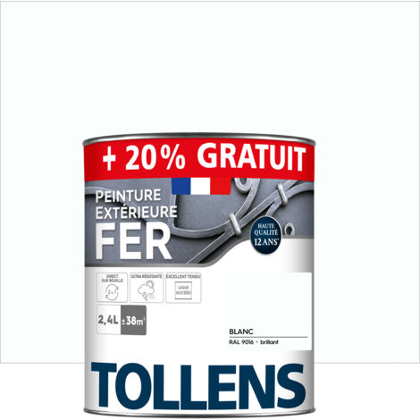 Tollens – Peinture fer extérieure brillante 2,4L – Ultra résistante, séchage rapide, antirouille – Blanc RAL 9016 – Rendement 38m²
