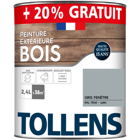 Tollens – Peinture bois extérieur satin 2,4L – Gris fenêtre RAL 7040 – Ultra résistante pour boiseries extérieures – Rendement 38m²