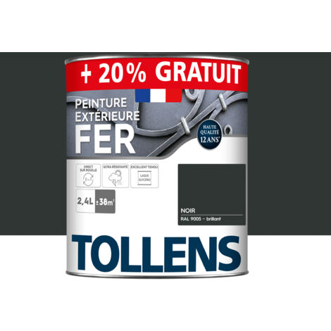 Tollens – Peinture fer extérieure 2 en 1 – Ultra résistante – Séchage rapide – Antirouille – Brillant noir RAL 9005 – 2,4L pour 38m²