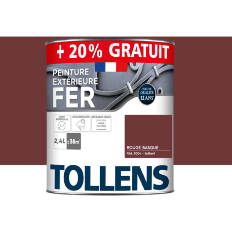 Tollens – Peinture fer extérieure 2 en 1 brillante – Ultra résistante et antirouille – Séchage rapide – Rouge Basque RAL 3004 – 2,4L pour 38m²