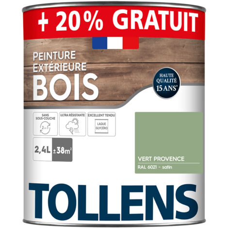 Tollens – Peinture bois extérieur satin 2,4L – Ultra résistante pour bois dur – Couleur vert Provence RAL 6021 – Application directe sans sous-couche