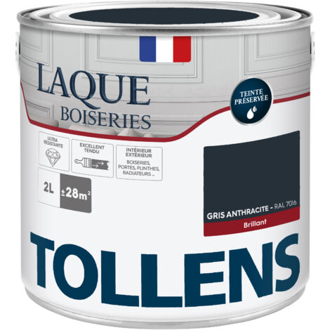 Peinture Laque - Ultra Résistante aux lessivages - TOLLENS - Multisupport boiseries, murs, meubles - Brillant - Gris Anthracite - 2L = 24m2