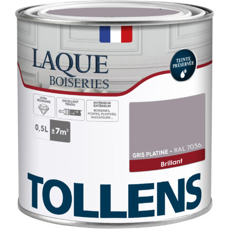 Peinture Laque - Ultra Résistante aux lessivages - TOLLENS - Multisupport boiseries, murs, meubles - Brillant - Gris Platine - 0,5L = 7m2