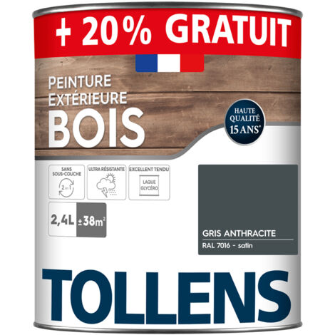 Peinture bois extérieur 2 en 1 - Ultra Résistante et économique - TOLLENS - Satin - Gris Anthracite RAL 7016 - 2L + 20% =38m2