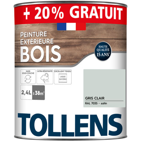 Tollens – Peinture bois extérieur satin gris clair RAL 7035 2L – Ultra résistante pour boiseries extérieures – Rendement 38 m²