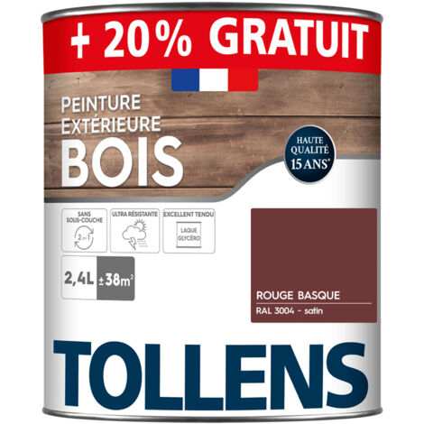 Tollens – Peinture bois extérieur satin rouge basque RAL 3004 2L – Ultra résistante pour surfaces extérieures – Rendement 38m²