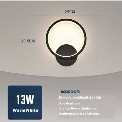 Applique Murale Interieur LED 13W Lampe Murale Ronde Noir Blanc Chaud 3000K Moderne pour Chambre Salon Escalier Couloir AC 220V
