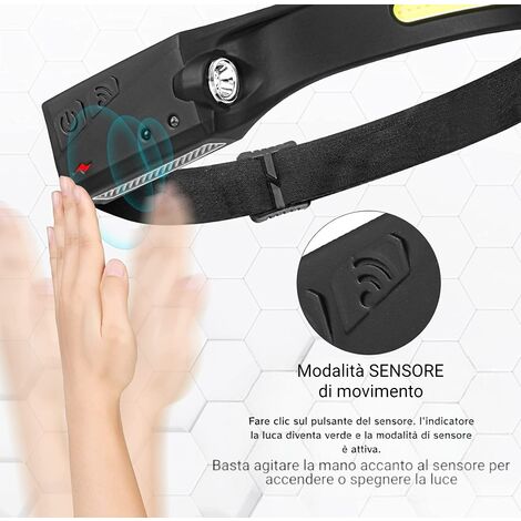 Lampada Torcia Frontale LED COB Con Sensore di Movimento Ricaricabile USB  Type C