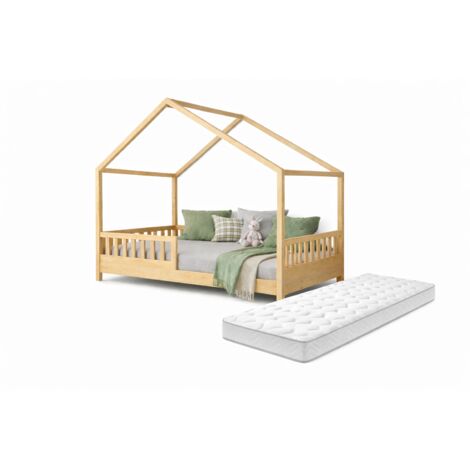 Atmosphera – Lit cabane enfant 90 x 190 cm – Structure en pin – Matelas inclus – Hauteur barrière 30 cm – Fabrication européenne