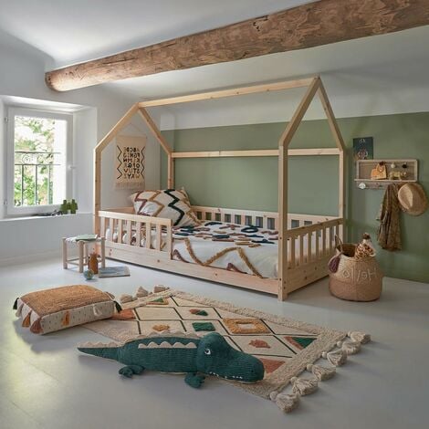 Lit cabane enfant 90 x 190 cm avec sommier et barrières.