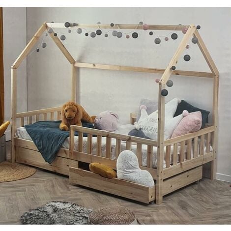 Lit cabane pour Enfant en Bois Naturel 90x190 cm avec 2 tiroirs