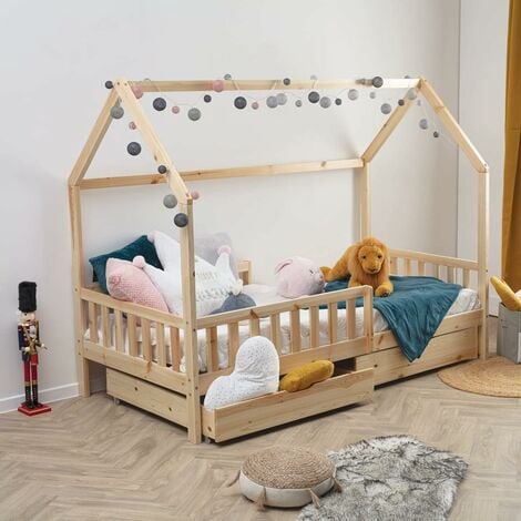 Lit cabane pour Enfant en Bois Naturel 90x190 cm avec 2 tiroirs