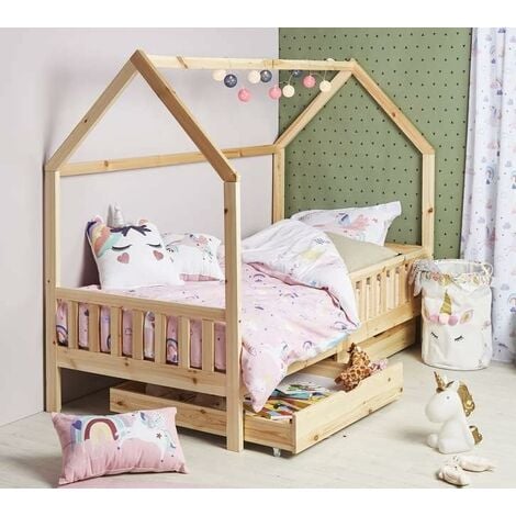 Lit cabane pour Enfant en Bois Naturel 90x190 cm avec 2 tiroirs