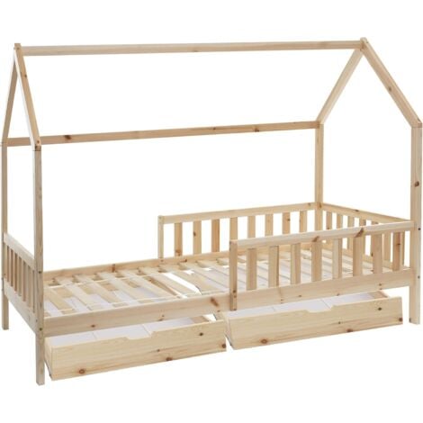 Lit cabane pour Enfant en Bois Naturel 90x190 cm avec 2 tiroirs