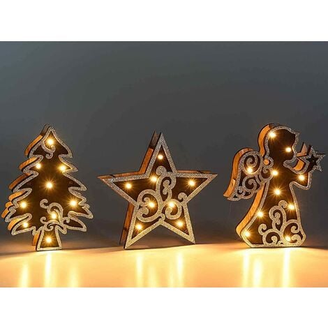 Décoration de Noël en bois noir avec paillettes dorées et lumières LED, 1  ange, 1 sapin