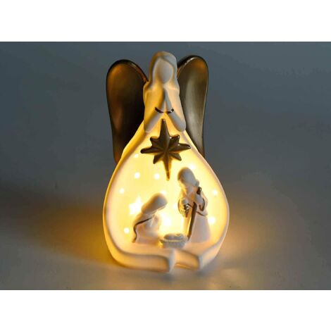 Kontarboor – Crèche de Noël en céramique blanche avec lumières LED – Détails dorés – Dimensions 10,5 x 9 x 18 H – Décoration festive