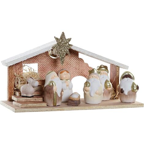 Kontarboor – Crèche de Noël en bois clair – Scène de la nativité avec personnages – Dimensions 29,5 x 11,5 x 16,5 cm – Fonctionne avec 2 piles LR44