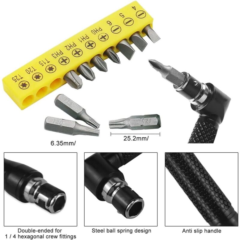 NVIYAM Kit 14 Pièces Renvoi D’Angle Visseuse 105° – Embouts Magnétiques, Flexible, Idéal Espaces Étroits & Bricolage