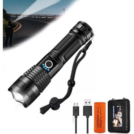 Lampe de poche LED 10000 lumens, 5000mAh USB rechargeable 26650 batterie incluse, 5 modes d'éclairage, zoomable, longue durée de travail torche tactique pour le camping, la randonnée, la chasse, l'urg
