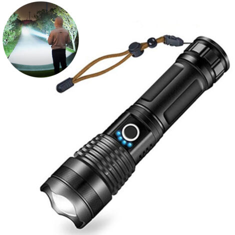 Lampe de poche LED 10000 lumens, 5000mAh USB rechargeable 26650 batterie incluse, 5 modes d'éclairage, zoomable, longue durée de travail torche tactique pour le camping, la randonnée, la chasse, l'urg