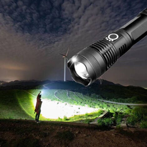 Lampe de poche LED 10000 lumens, 5000mAh USB rechargeable 26650 batterie incluse, 5 modes d'éclairage, zoomable, longue durée de travail torche tactique pour le camping, la randonnée, la chasse, l'urg