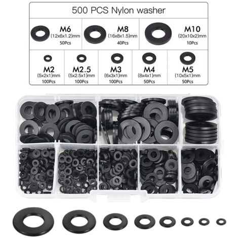 Rondelles plates en nylon noir – Lot de 500 pièces – 8 tailles M2 à M10 – Résistantes à l'usure et à la corrosion – Pour connexions électriques – Devenirriche - 500PCS