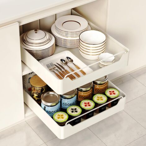 Longziming – Tiroir coulissant cuisine 2Pcs – Étagère télescopique 42 cm L x 30 cm P x 7 cm H – Acier au carbone blanc – Installation sans perçage