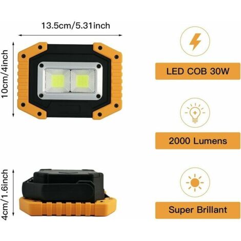 Projecteur LED Rechargeable 30W 2000LM Projecteur Chantier Lumière de Travail avec  COB Portable Projecteur LED USB pour Camping,3 Modes,batterie contient (1 pièce)